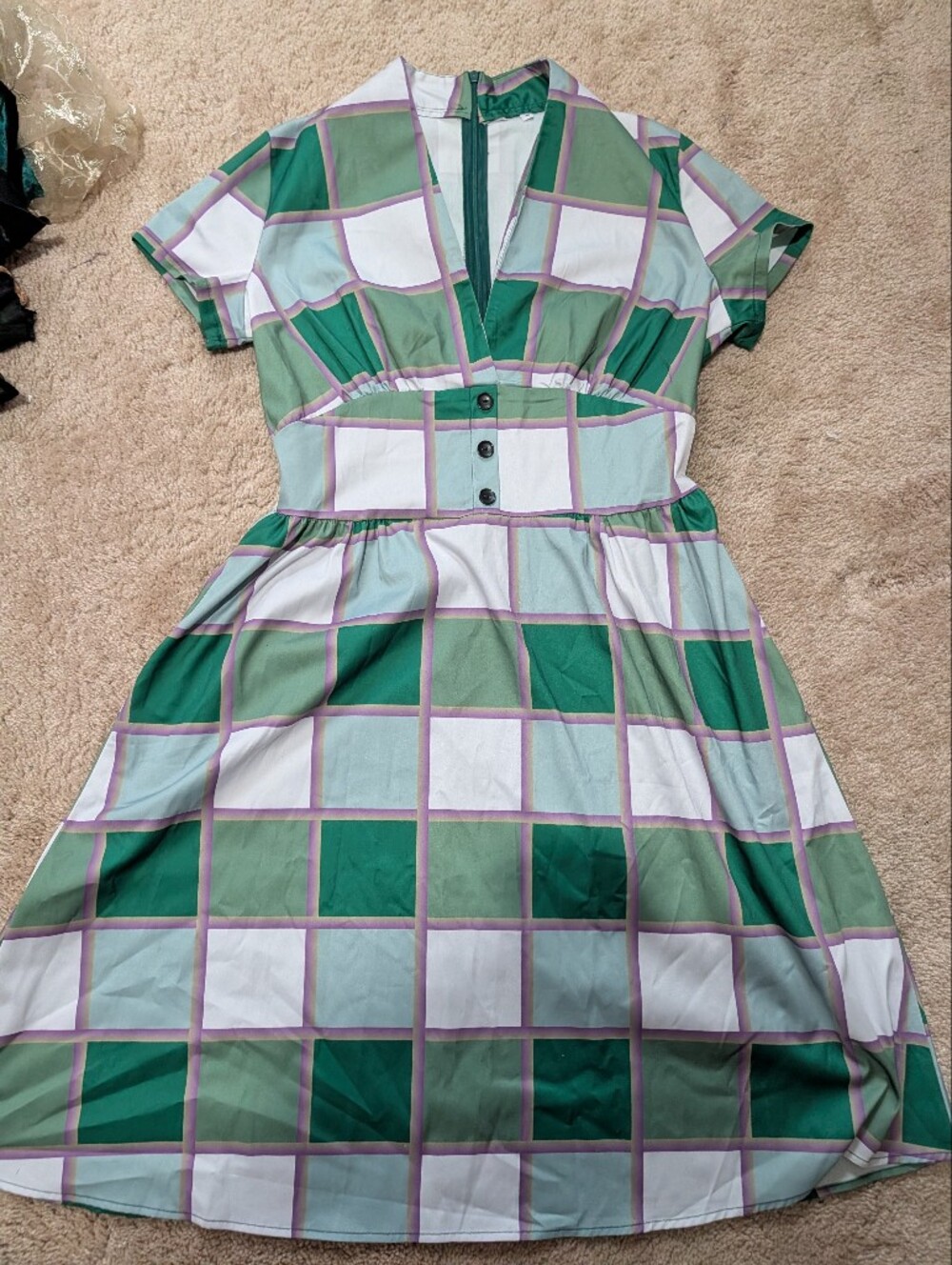 Green & White Windowpane Midi Dress With Pockets